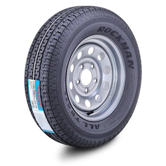 ROCKMAN Trailer Tire Wheel Assembly ST205/75R15 10-Ply E 111M Heavy Duty 2400lbs w/5 Lug on 4.5" PCD Silver Mod Rim