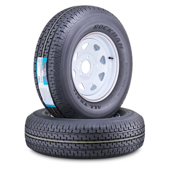 ROCKMAN Trailer Tire Wheel Assembly ST205/75R15 10-Ply E 111M Heavy Duty 2400lbs w/5 Lug on 5" PCD White Spoke Rim ,SET 2