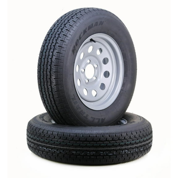 ROCKMAN Trailer Tire Wheel Assembly ST205/75R15 8-Ply D 107M 5 Lug on 4.5" PCD Silver Mod Rim,SET 2