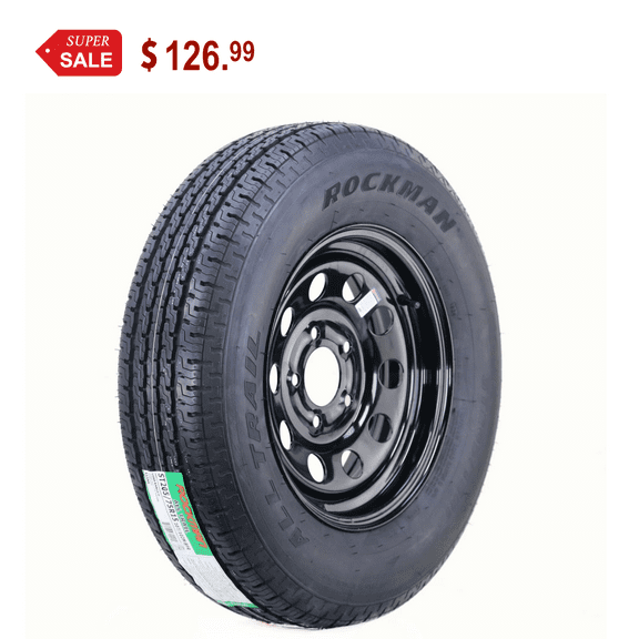 ROCKMAN Trailer Tire Wheel Assembly ST205/75R15 8-Ply D 107M 5 Lug on 5" PCD Black Mod Rim