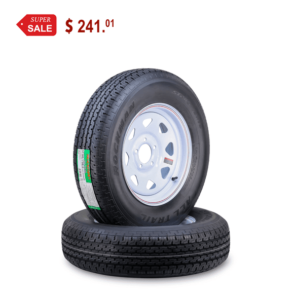 ROCKMAN Trailer Tire Wheel Assembly ST205/75R15 8-Ply D 107M 5 Lug on 5" PCD White Spoke Rim ,SET 2