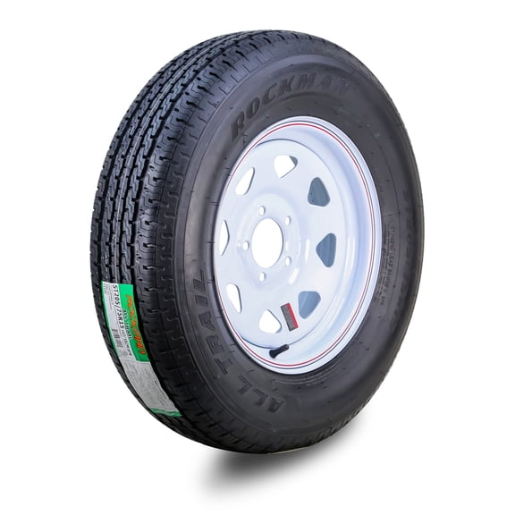 ROCKMAN Trailer Tire Wheel Assembly ST205/75R15 8-Ply D 107M 5 Lug on 5" PCD White Spoke Rim
