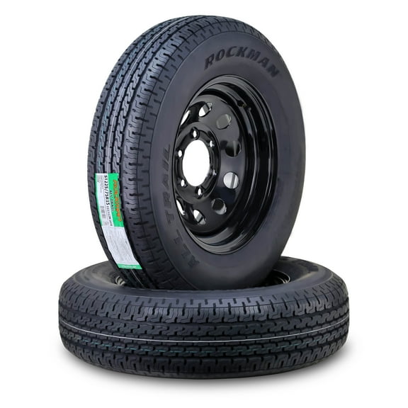ROCKMAN Trailer Tire Wheel Assembly ST225/75R15 10-Ply E 117M 6 Lug on 5.5" PCD Black Mod Rim ,SET 2