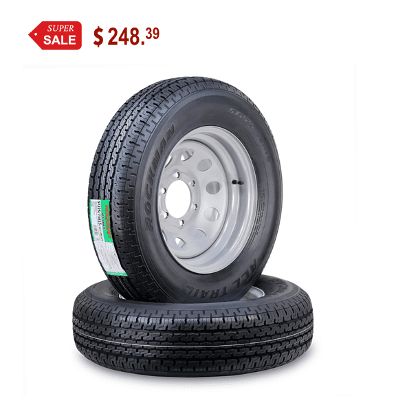 Rockman Wheel Assembly ST225/75R15 10-Ply E 117M 6 Lug on 5.5" PCD Silver Mod Rim Trailer Tire, Set of 2