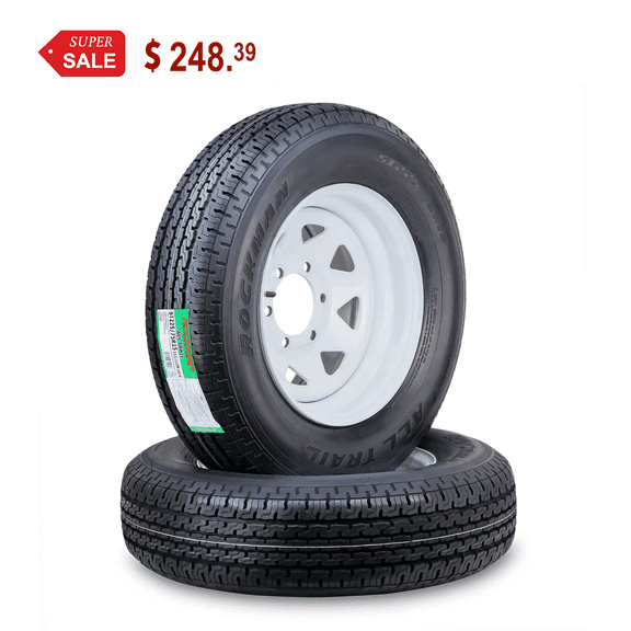 ROCKMAN Trailer Tire Wheel Assembly ST225/75R15 10-Ply E 117M 6 Lug on 5.5" PCD White Spoke Rim ,SET 2