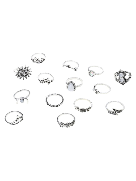 14 Pieces Boho Vintage Silver Flower Leaves Finger Rings Set for Girlfriend