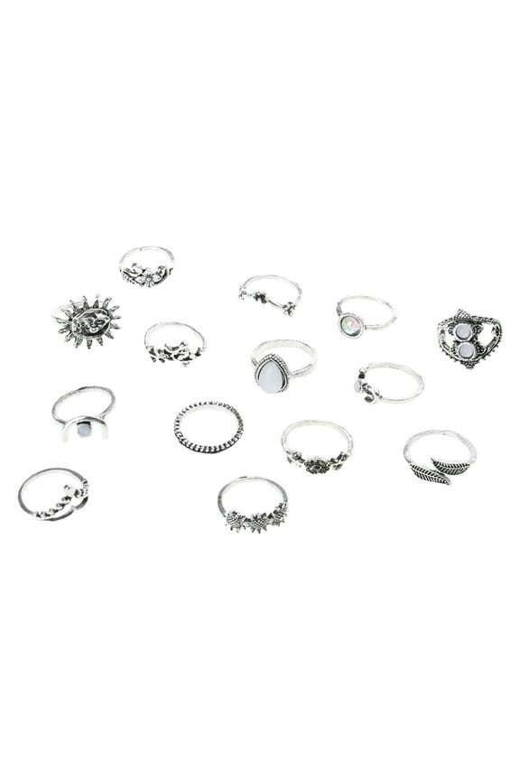 14 Pieces Boho Vintage Silver Flower Leaves Finger Rings Set for Girlfriend