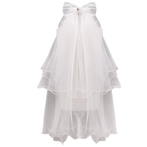 ROCKROK Handmade Double Layer Flower Girls Wedding Veils Cute for Rhinestone Bowknot Kids Birthday Dance Costume Photo P