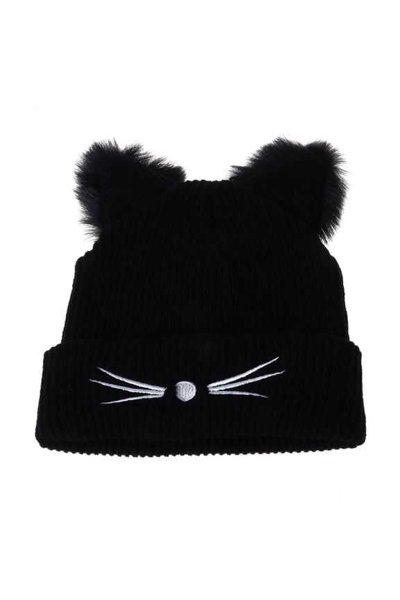 Kawaii for Cat Ears Knitted Hat With Fur Trim Winter Beanies Casual Wool Caps