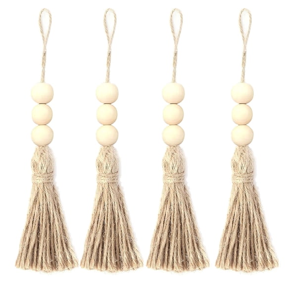ROCKROK Pack of 4 Tassels Wooden Beads Garlands Cotton Decorative Handle Decorations Tassels Beads Pendants for Cabinet Door