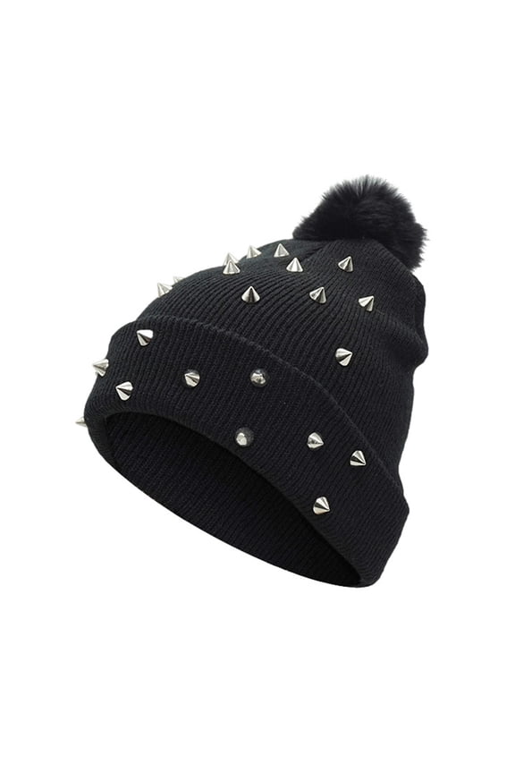 Soft Black Warm Punk Beanie Hat Knitted for Women and Girls 18x35cm