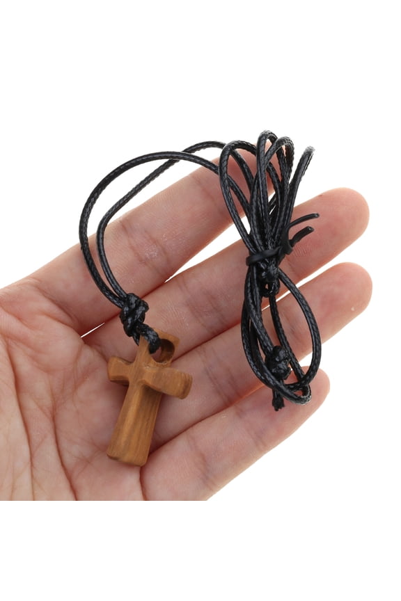 Wooden Cross Necklace Hand Hold Crucifix Neckchain Religious Choker Ornament