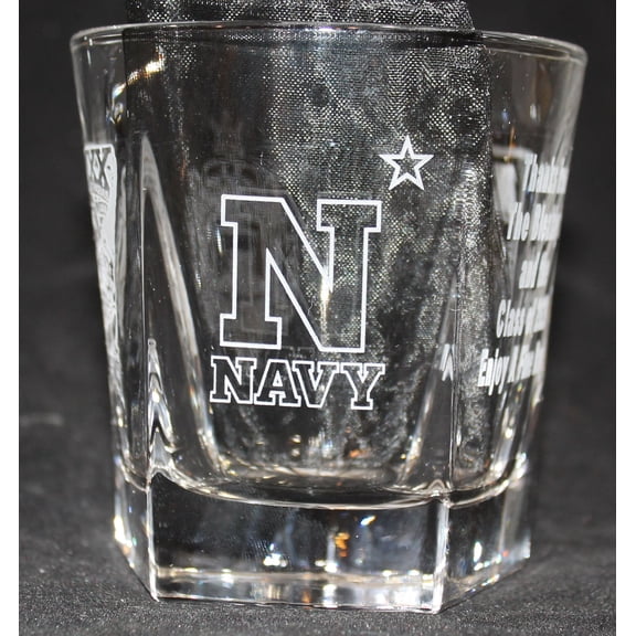 ROCKS GLASS 5-SIDED USNA USAFA USMMA SAND CARVED BOURBON WHISKEY SET OF 8 graduation commencement USCGA USMA