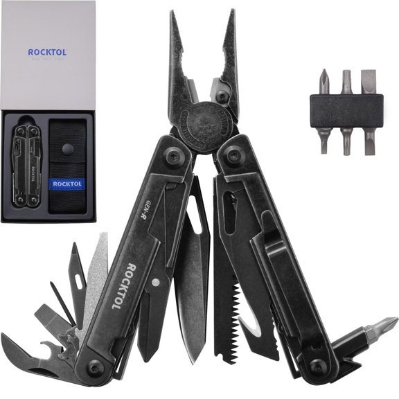ROCKTOL Gen-R RB Multitool Pliers, VG10 Blade, 27-in-1 Multi-tool, EDC Pocket Knife, Retro Black Finish, Precision Screwdriver, Gut Hook for Hunting, Backpacking, Hiking, Camping