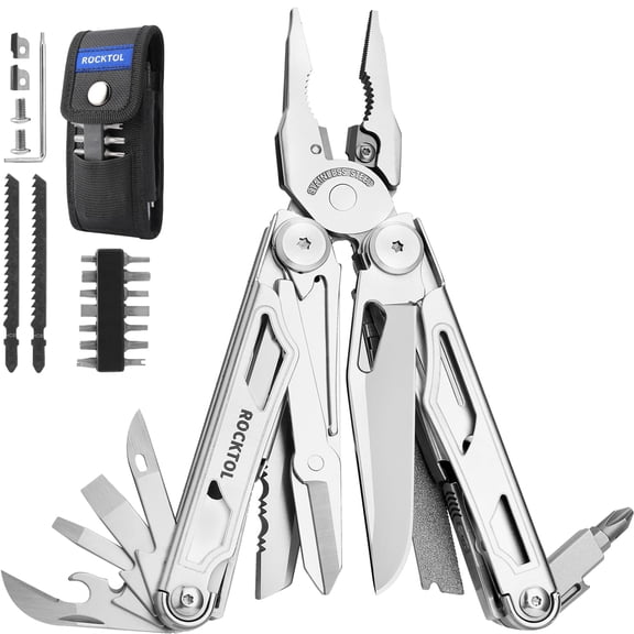 ROCKTOL Multitool, 29-in-1 Multitool Pliers with Replaceable Wire Cutters and Saw, Heavy-duty Stainless Steel Multi-tool Set and Nylon Sheath for Camping Survival multi tool for Man