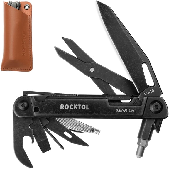 ROCKTOL Multitool Gen-R Lite, Retro Black EDC Pocket Knife VG10 Blade, Compact 15-in-1 Multi-tool with Screwdriver, Large Scissors, Glass Breaker, Leather Sheath, Lightweight for Hiking, Camping