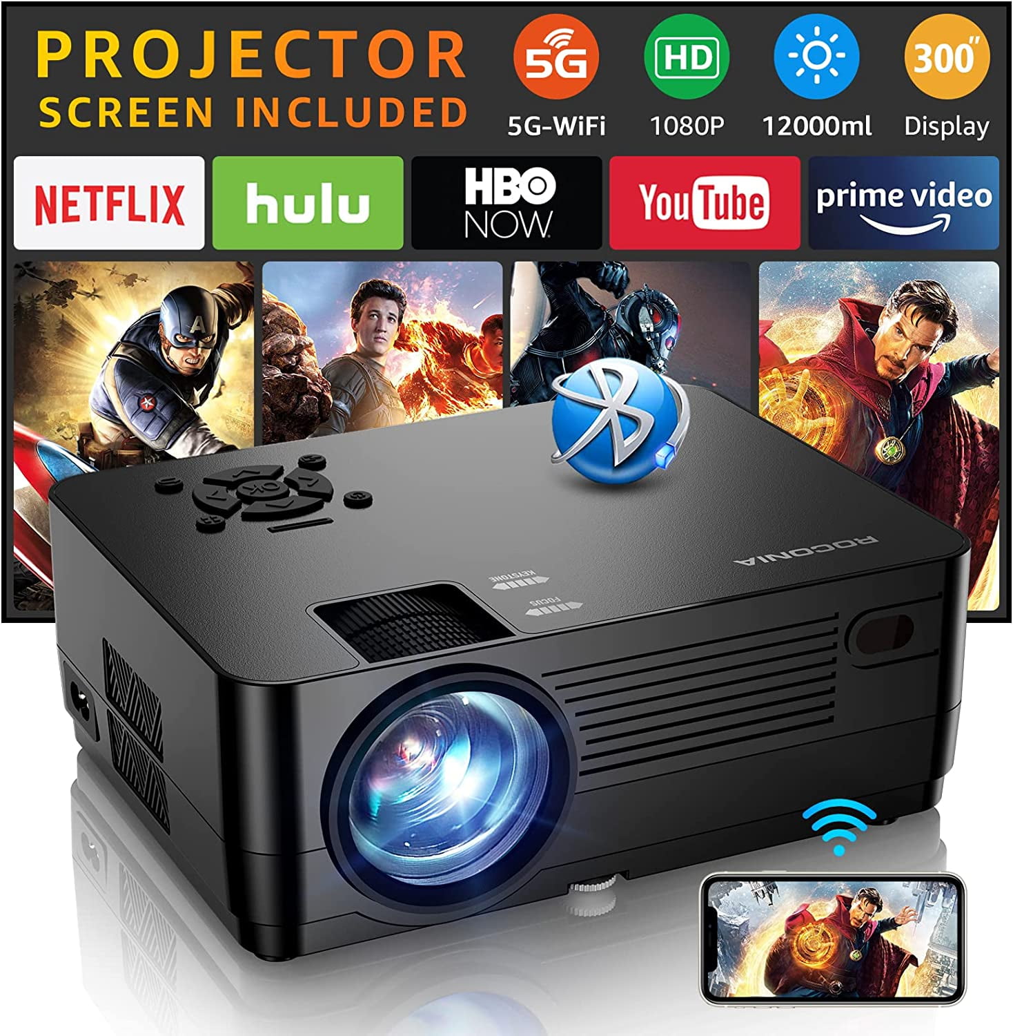 ROCONIA 5G WiFi Bluetooth Native Projector, Full Movie Projector, LCD Technology 300" Display Support 4k Home Theater,(Projector Screen Included) - Walmart.com
