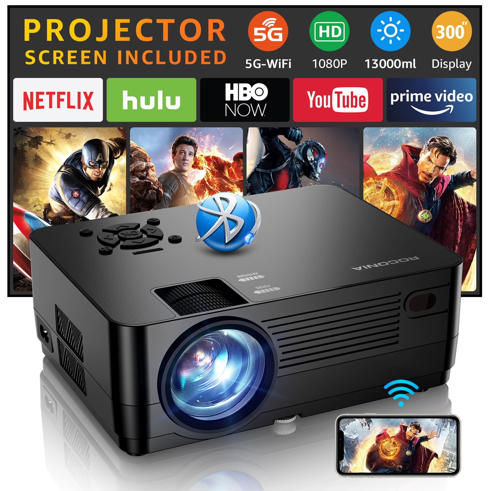 ROCONIA 5G WiFi Bluetooth Native 1080P Projector, 13000LM Full HD Movie  Projector, LCD Technology 300