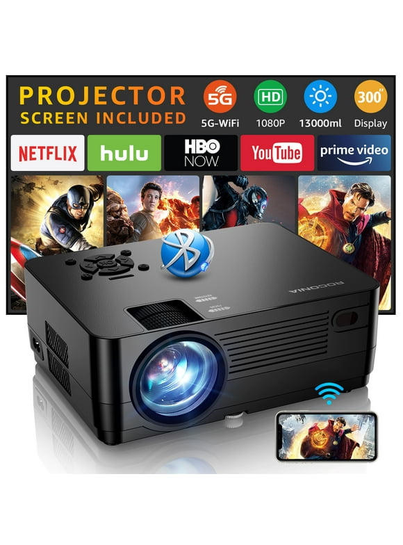 ROCONIA 5G WiFi Bluetooth Native 1080P Projector, 13000LM Full HD Movie Projector, LCD Technology 300" Display Support 4k Home Theater,(Projector Screen Included)