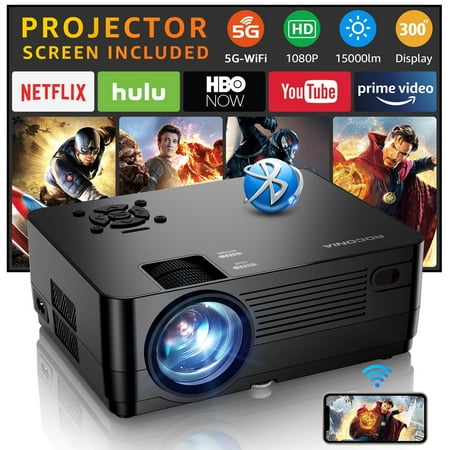 ROCONIA 5G WiFi Bluetooth Native 1080P Projector, 15000LM Full HD Movie Projector, LCD Technology 300" Display Support 4k Home Theater,(Projector Screen Included)