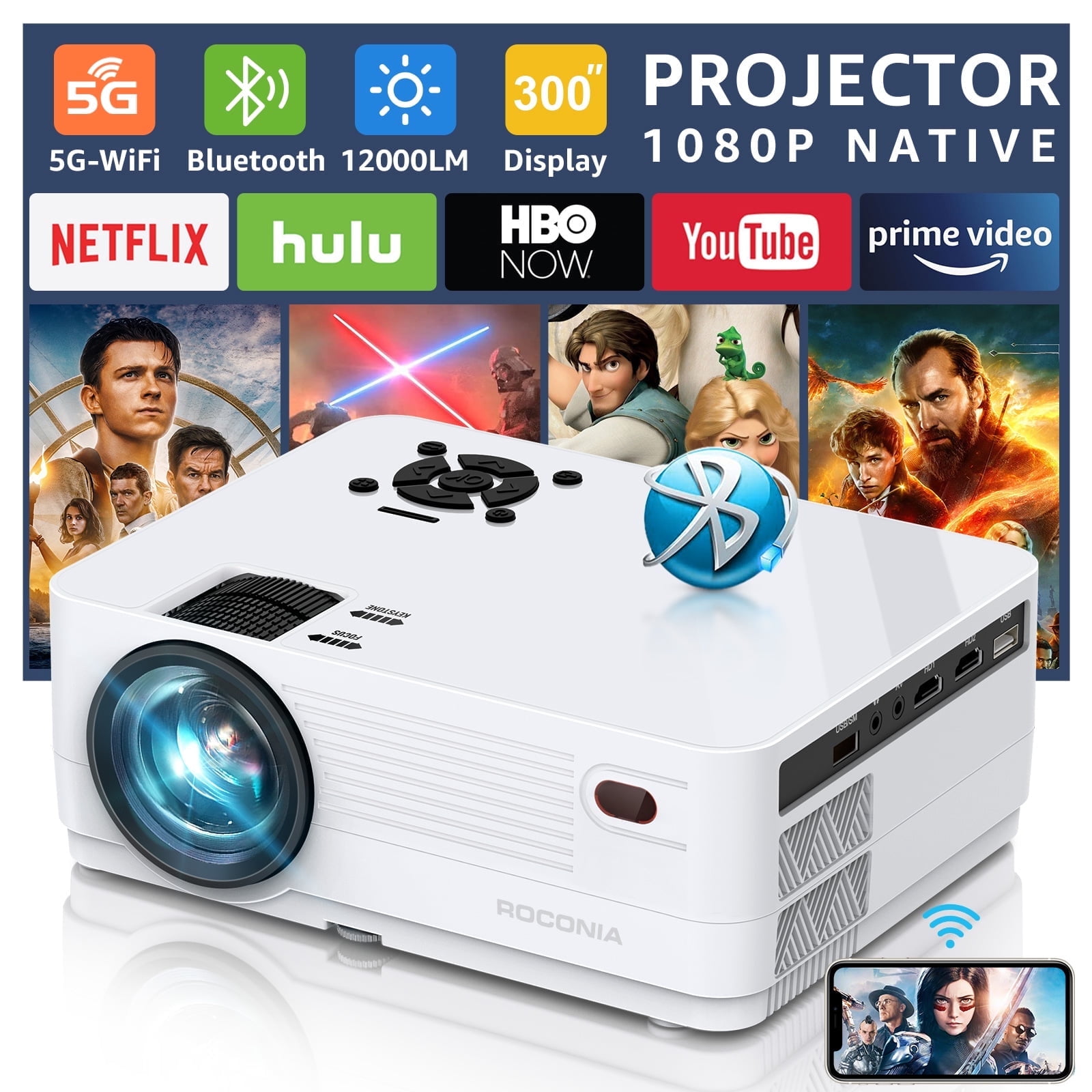 ROCONIA Native 1080P 5G WiFi Bluetooth Projector,12000LM Full HD Movie Projector, LCD technology 300" Display for Outdoor Movies Support 4k Home Theater,Projector with Carrying Bag