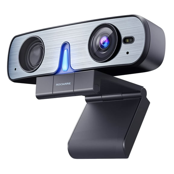 ROCWARE Auto-Focus Webcam with Microphone Speaker RC08 2K Web Cam, Computer Camera for PC with Noise Reduction Mic/Harman Speaker/4X Eptz/Privacy Cover/0.2S Auto-Focus/Low Illumination for Zoom/Teams