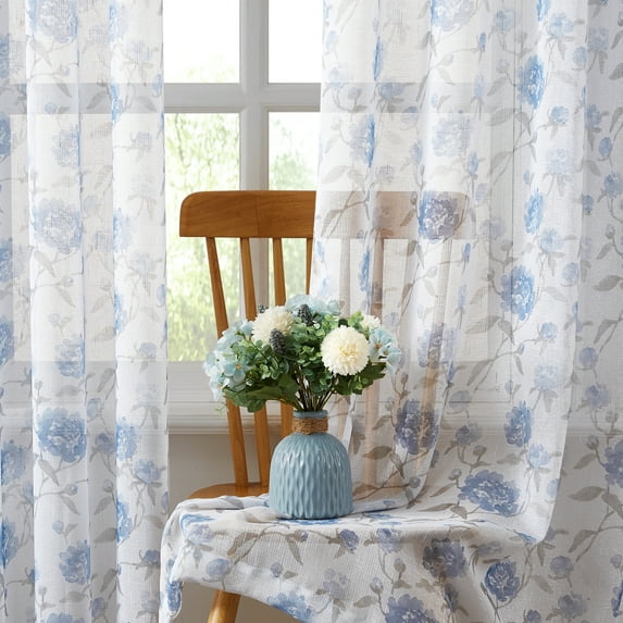 Bohogeo Blue Floral Leaf Print Poly Sheer Curtains with Linen Texture,2 Panels,84 inches in Length,Light-Filtering Privacy-Friendly Window Drapes with Rod Pocket for Living Room Decor,52W x 84L