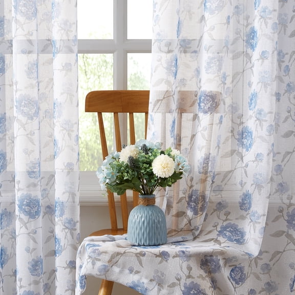 Bohogeo Blue Floral Leaf Print Poly Sheer Curtains with Linen Texture,2 Panels,84 inches in Length,Light-Filtering Privacy-Friendly Window Drapes with Rod Pocket for Living Room Decor,52W x 84L