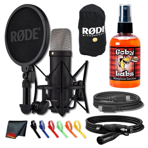 RODE NT1 5th Gen Cardioid Condenser Microphone (Black), XLR/USB Hybrid | Studio Recording + Cable Ties + Microfiber Cloth + Cleaner