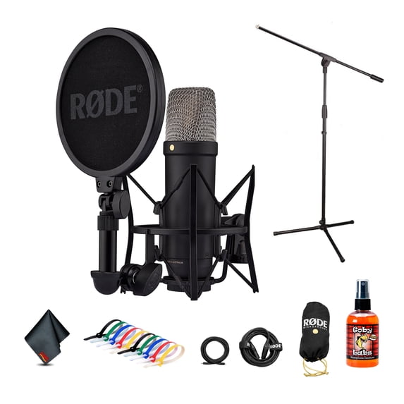 RODE NT1 5th Gen Cardioid Condenser Microphone (Black), XLR/USB Hybrid | Studio Recording + Floor Stand + Cable Ties + More