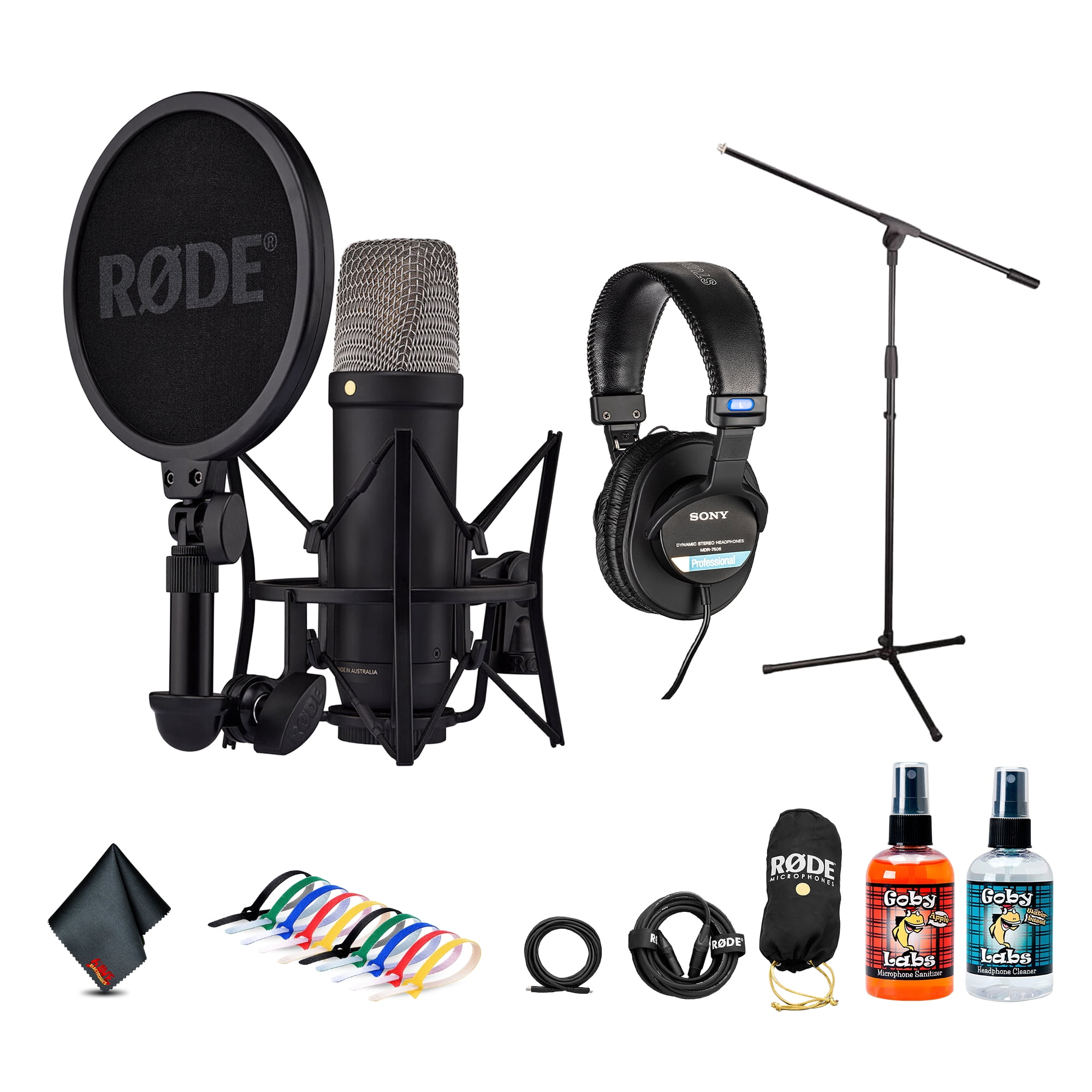 RODE NT1 5th Gen Cardioid Condenser Microphone (Black), XLR/USB Hybrid | Studio Recording + Headphones + Floor Stand + More