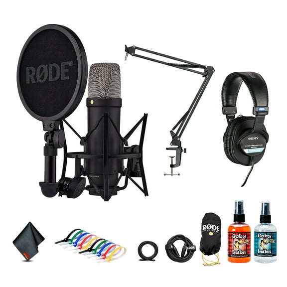 RODE NT1 5th Gen Large-Diaphragm Cardioid Condenser Microphone (Black) | XLR/USB Hybrid Mic for Studio Recording, Vocals, Podcasting & Voiceover (NT1GEN5B) + Headphones + Podcast Arm Mic Stand + More