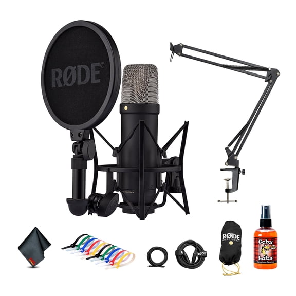 RODE NT1 5th Gen Large-Diaphragm Cardioid Condenser Microphone (Black) | XLR/USB Hybrid Mic for Studio Recording, Vocals, Podcasting & Voiceover (NT1GEN5B) + Podcast Arm Mic Stand + Cable Ties + More