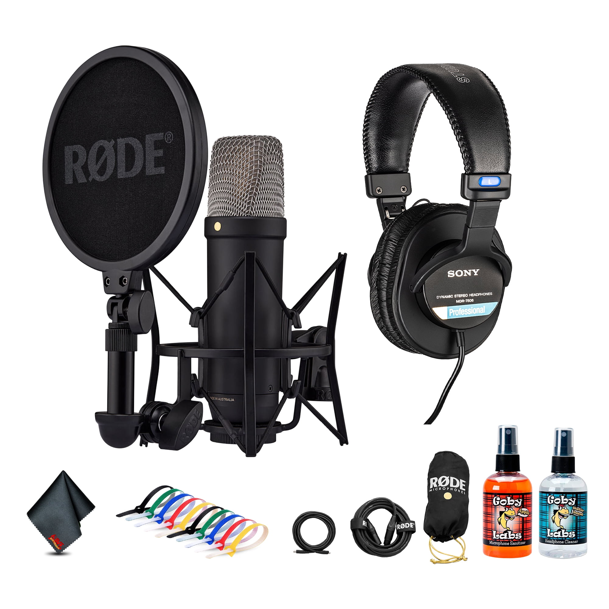 RODE NT1 5th Gen Large-Diaphragm Cardioid Condenser Microphone (Black) | XLR/USB Hybrid Mic for Studio Recording, Vocals, Podcasting & Voiceover (NT1GEN5B) + Studio Headphones + Cable Ties + More