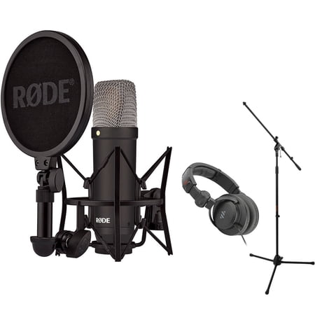 RODE NT1 Signature Series Large-Diaphragm Condenser Microphone (Black) Bundle with MS-5230F Tripod Microphone Stand with Fixed Boom and Polsen Studio Monitor Headphones