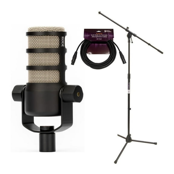 RODE PodMic Dynamic Podcasting Microphone Bundle with Euro Boom Microphone Stand (Black) and 25 Feet XLR Male to Female Microphone Cable (3 Items)