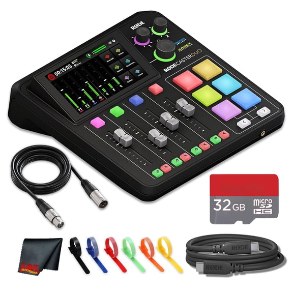 RODE RODECaster Duo Integrated Audio Production Studio | Compact Mixer with Dual USB Interface & Bluetooth | For Podcasting & Live Streaming (RCDUO) + 32GB MicroSDHC Memory Card + 10 Foot XLR + More