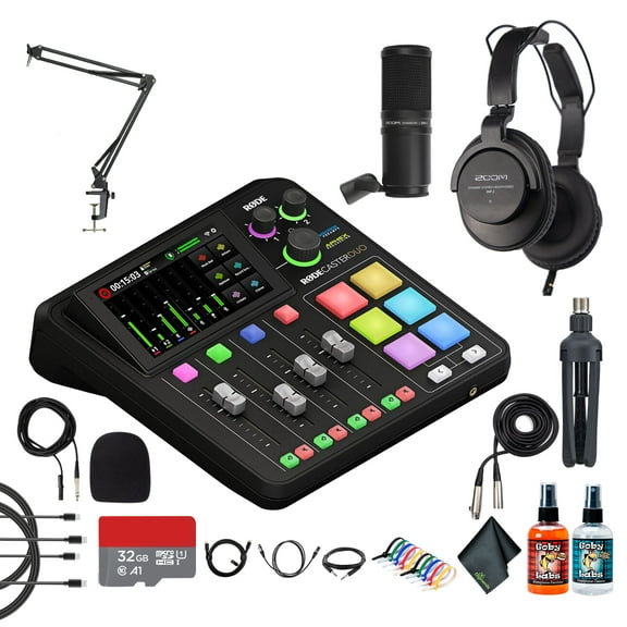 RODE RODECaster Duo Integrated Audio Production Studio | Compact Mixer with Dual USB Interface & Bluetooth | For Podcasting & Live Streaming (RCDUO) + Headphones + Podcast Microphone + Mic Arm + More