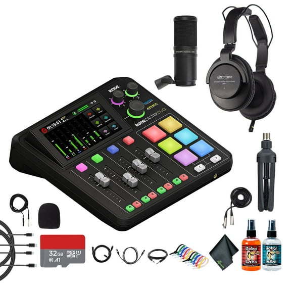 RODE RODECaster Duo Integrated Audio Production Studio | Compact Mixer with Dual USB Interface & Bluetooth | For Podcasting & Streaming (RCDUO) + Headphones + Podcast Microphone + 32GB Card + More