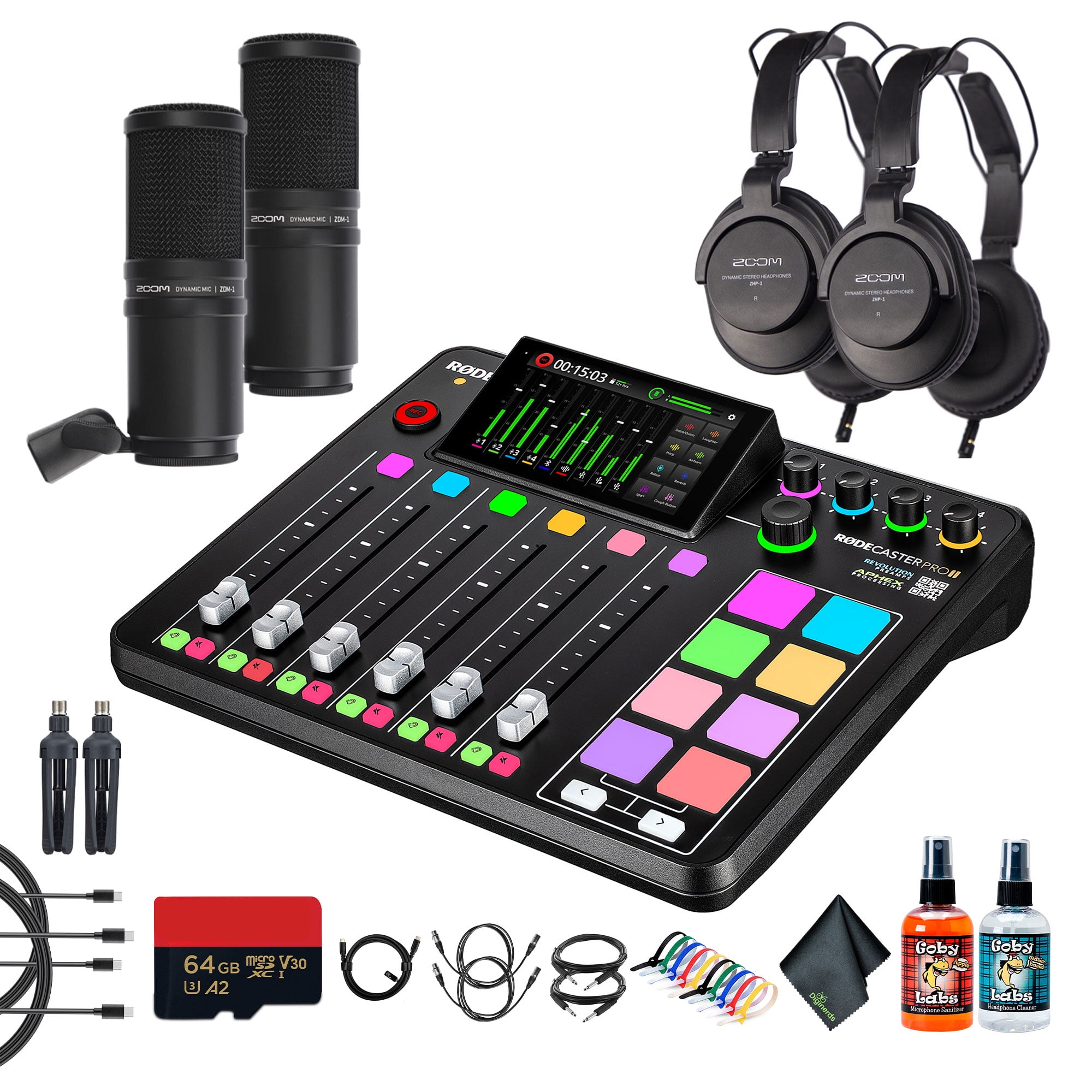 RODE RODECaster Pro II + 2x Headphones + 2x Podcast Microphone + 64GB Micro SD Memory Card + 2x 10 Foot XLR + 2x USB-C + 2x 1/4 TRS + More (Bundle)
