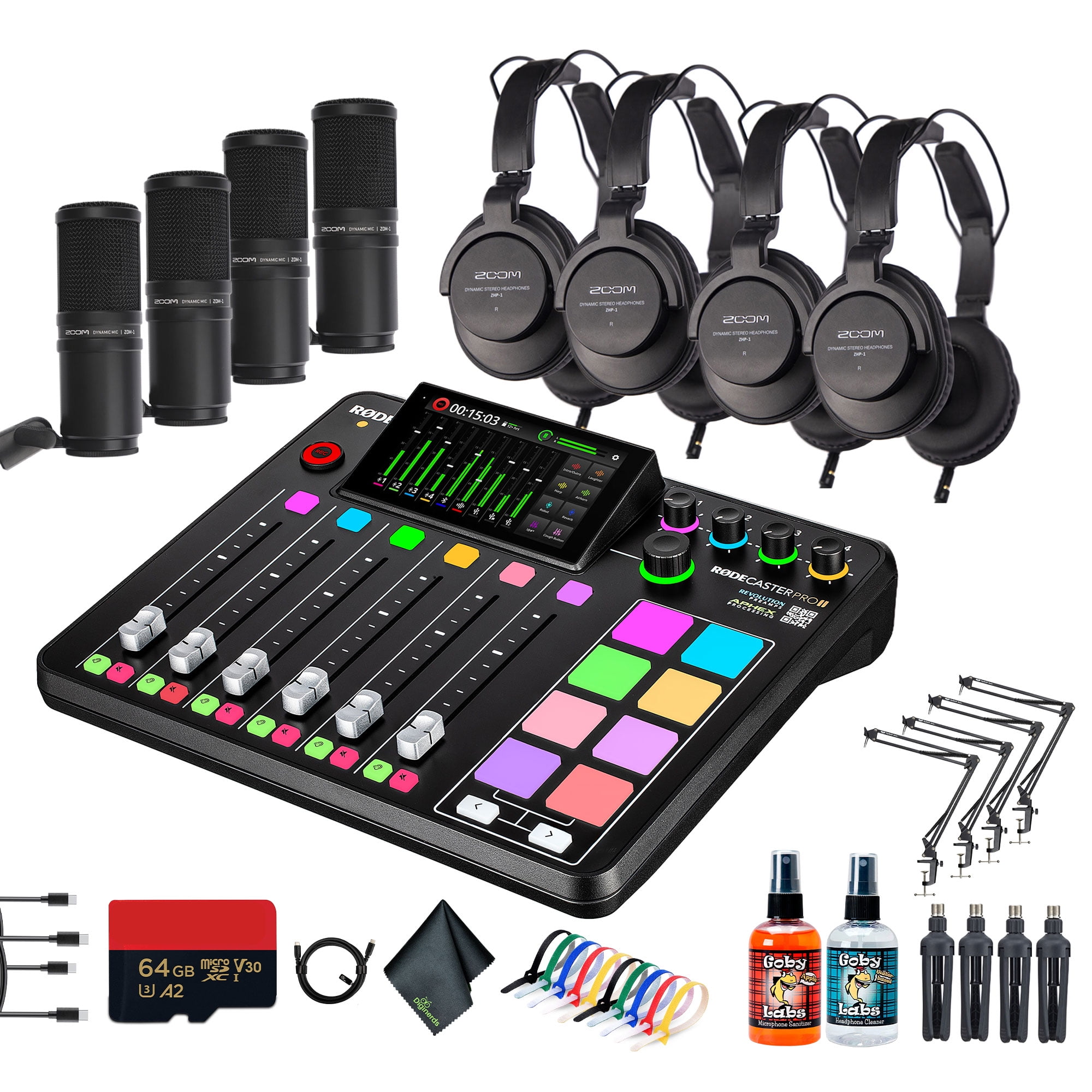 RODE RODECaster Pro II + 4x Headphones + 4x Podcast Microphone + 64GB Micro SD Memory Card + 4x Mic Arm Stand + 2x USB-C + More (Bundle)