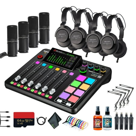 RODE RODECaster Pro II + 4x Headphones + 4x Podcast Microphone + 64GB Micro SD Memory Card + 4x Mic Arm Stand + 2x USB-C + More (Bundle)