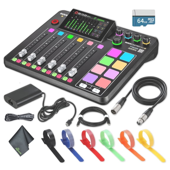 RODE RODECaster Pro II + 64GB Micro SD Memory Card + Cable Ties + 10 Foot XLR + More (Bundle)