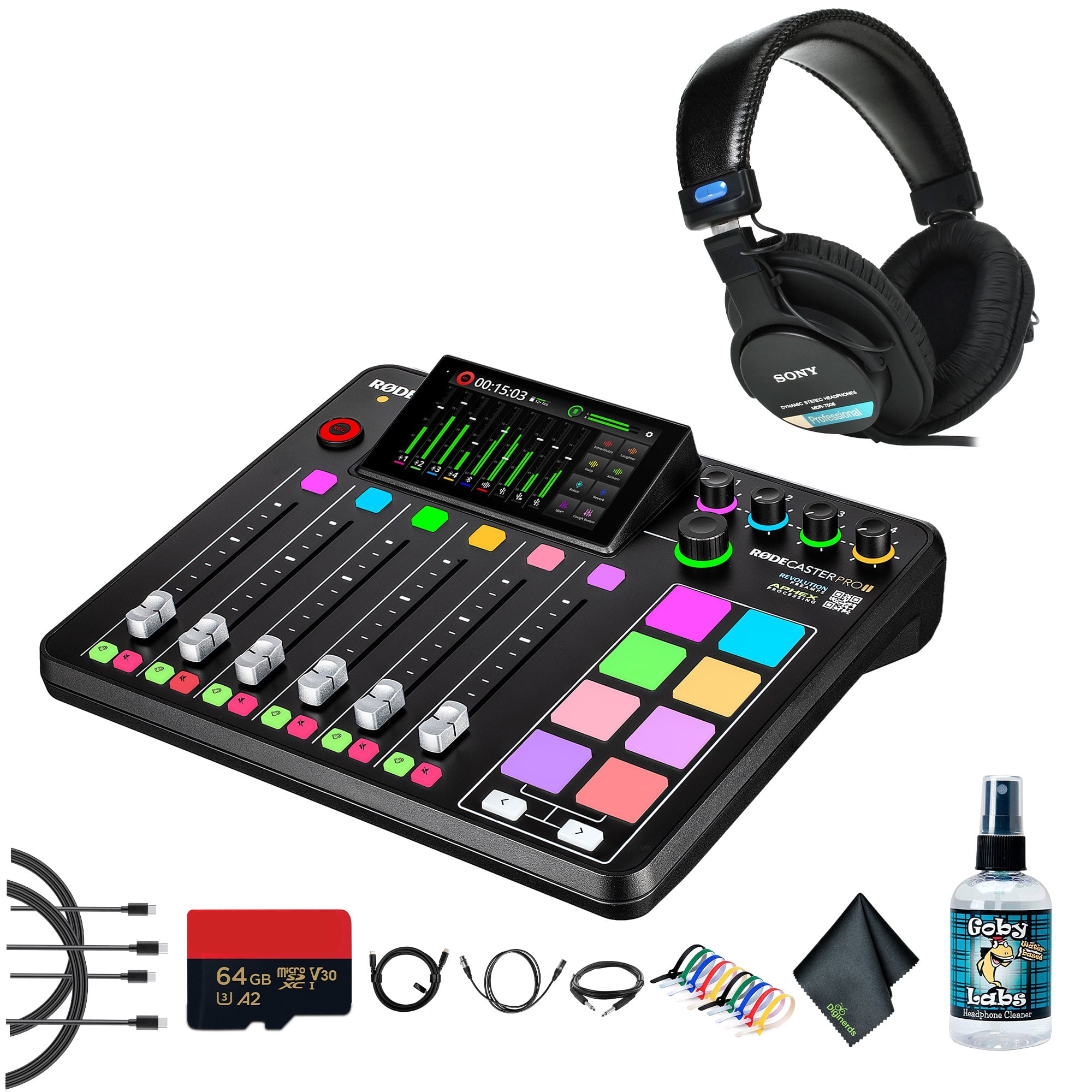 RODE RODECaster Pro II + Studio Headphones + 64GB Micro SD Memory Card + 10  Foot XLR + 2x USB-C + 1/4 TRS + More (Bundle) - Walmart.com