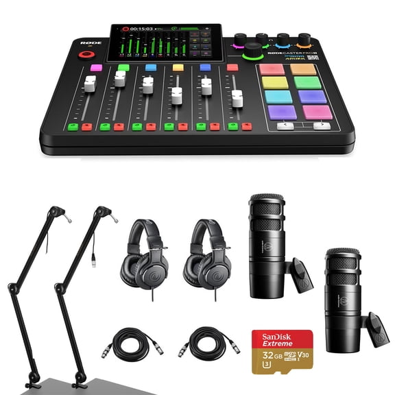 Rode RODECaster Pro II Integrated Audio Production Studio Console Bundle with 2x AT2040 Mic, 2x ATH-M20x Headphones, 2x Broadcast Arm, 2x M to F XLR Cable, 32BG microSD Card