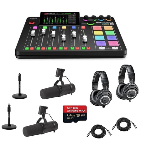 Rode RODECaster Pro II Integrated Audio Production Studio Console Bundle with 2x SM7B Mic, 2x ATH-M50x Headphones, 2x Mic Stand, 2x M to F XLR Cable, 32GB microSD Card