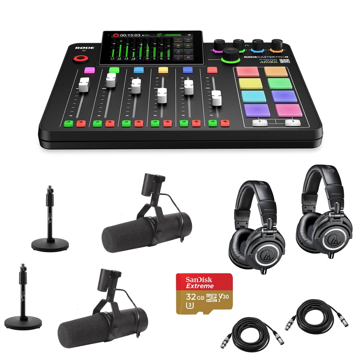 Rode RODECaster Pro II Integrated Audio Production Studio Console Bundle with 2x SM7B Mic, 2x ATH-M50x Headphones, 2x Mic Stand, 2x M to F XLR Cable, 32GB microSD Card