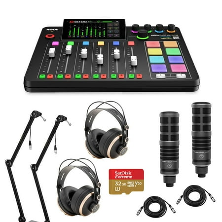 Rode RODECaster Pro II Integrated Audio Production Studio Console Bundle with 2x TAP300 Mic, 2x TAPH700 Headphones, 2x Broadcast Arm, 2x M to F XLR Cable, 32BG microSD Card