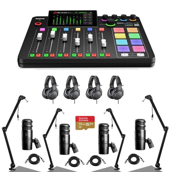 Rode RODECaster Pro II Integrated Audio Production Studio Console Bundle with 4x AT2040 Mic, 4x ATH-M20x Headphones, 4x Broadcast Arm, 4x M to F XLR Cable, 32BG microSD Card