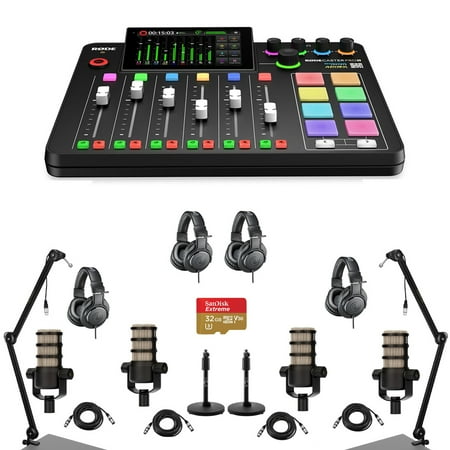 Rode RODECaster Pro II Integrated Audio Production Studio Console Bundle with 4x PodMic Microphone, 4x TAPH500 Headphones, 2x Broadcast Arm, 2x Mic Stand, 4x M to F XLR Cable, 32GB microSD Card